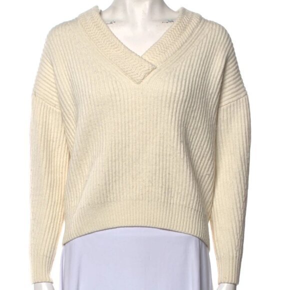 Maje‎ Women's Cream V Neck Knit Long Sleeve Ribbed Sweater - Size 2 - Picture 1 of 6